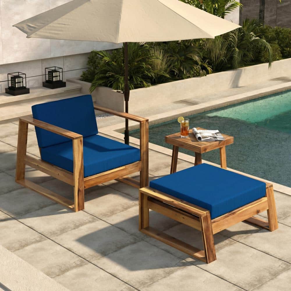 Teak 3-Piece Acacia Wood Outdoor Lounge Chair Set with Blue Cushion for Backyard, Deck, and Lawn price history on PriceWatchPro