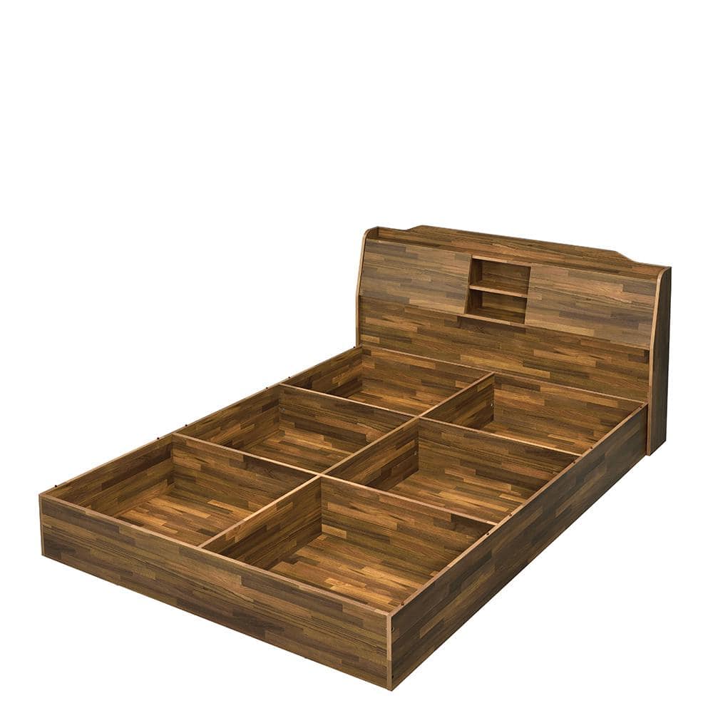Hestia Midcentury Queen Bed with Upholstered Leather Headboard and Storage