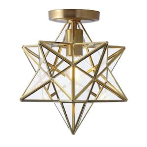 12 in. 1-Light Gold Geometric Moravian Star Semi-Flush Mount with Glass Shade