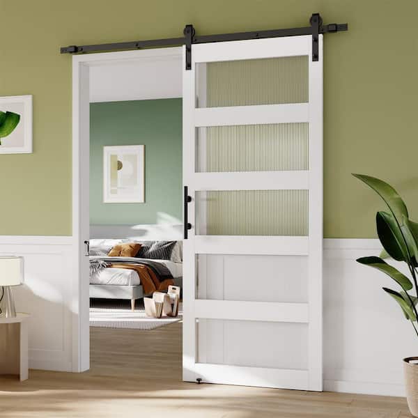 36 in. x 84 in. 5 Lite Frosted Glass White Finished MDF Sliding Barn Door Slab with Hardware Kit and Handle and Lock