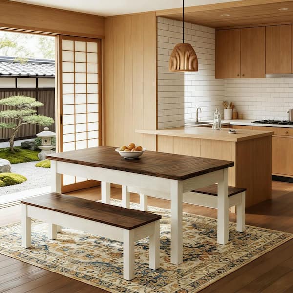 Roesler 3-Piece Rectangle Brown Wood Top Dining Table Set Kitchen Table Set Dinette Set Seats 6 (1 Table and 2 Benches)