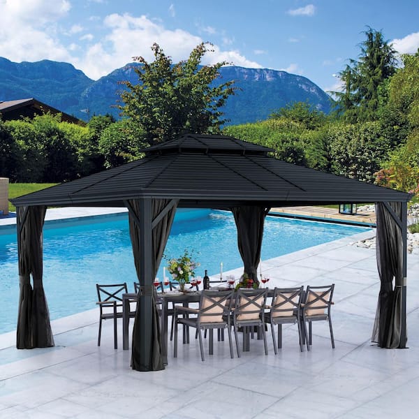 12 ft. x 14 ft. Dark Gray Aluminum Hardtop Gazebo with Double Roof Canopy, Gray Curtains and Netting