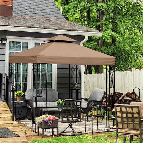 8 ft. x 8 ft. Brown Outdoor Patio Gazebo with Double Roof, 2-Tier Soft Top Canopy