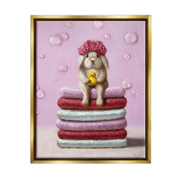 The Stupell Home Decor Collection Cute Baby Rabbit on Bath Towels Soap Bubbles by Lucia Heffernan Floater Frame Animal Wall Art Print 25 in. x 31 in.