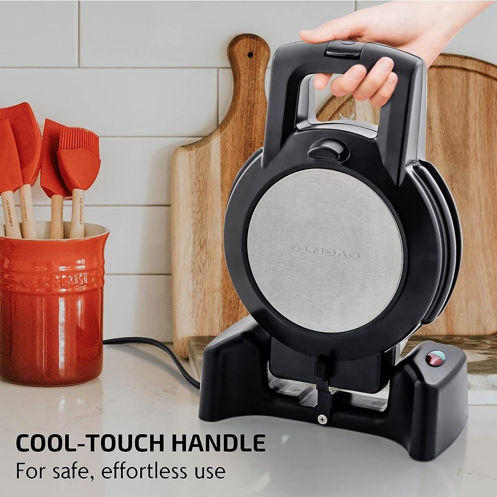 Black Stainless Steel Rotating Belgian Waffle Maker with Non-Stick Plates