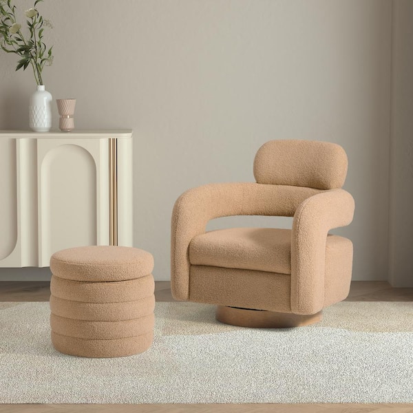 Bayville Modern 2-Piece Sherpa Swivel Accent Chair Set with Round Storage Footstool Ottoman in Camel