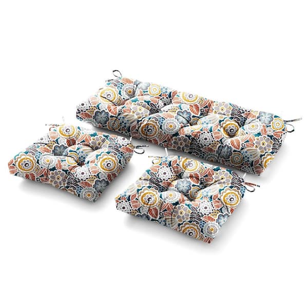 BLISSWALK 3 Piece Outdoor Loveseat Cushions Deep Seating 19" L x 44" W x 5 in. H For Patio Furniture Cushion With Tie, Blue Floral