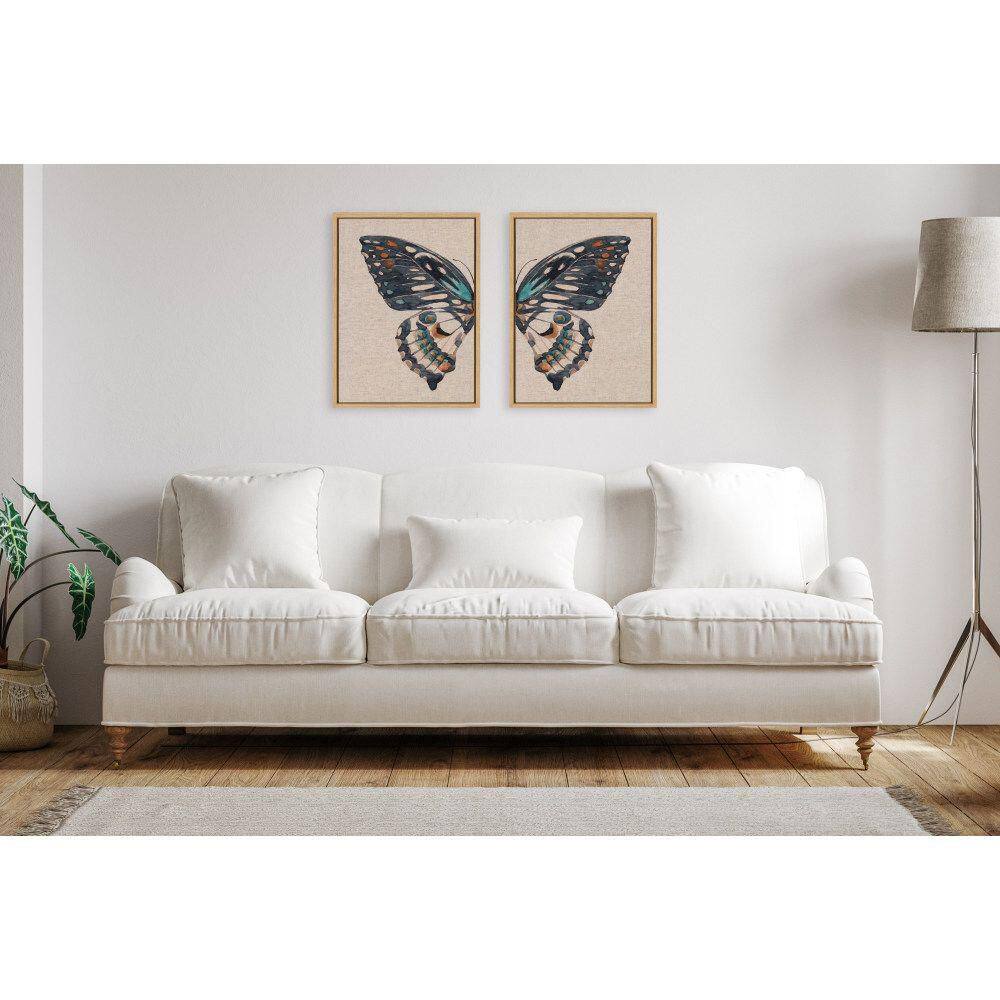 Natural Linen Framed Butterfly Watercolor Canvas Art Set