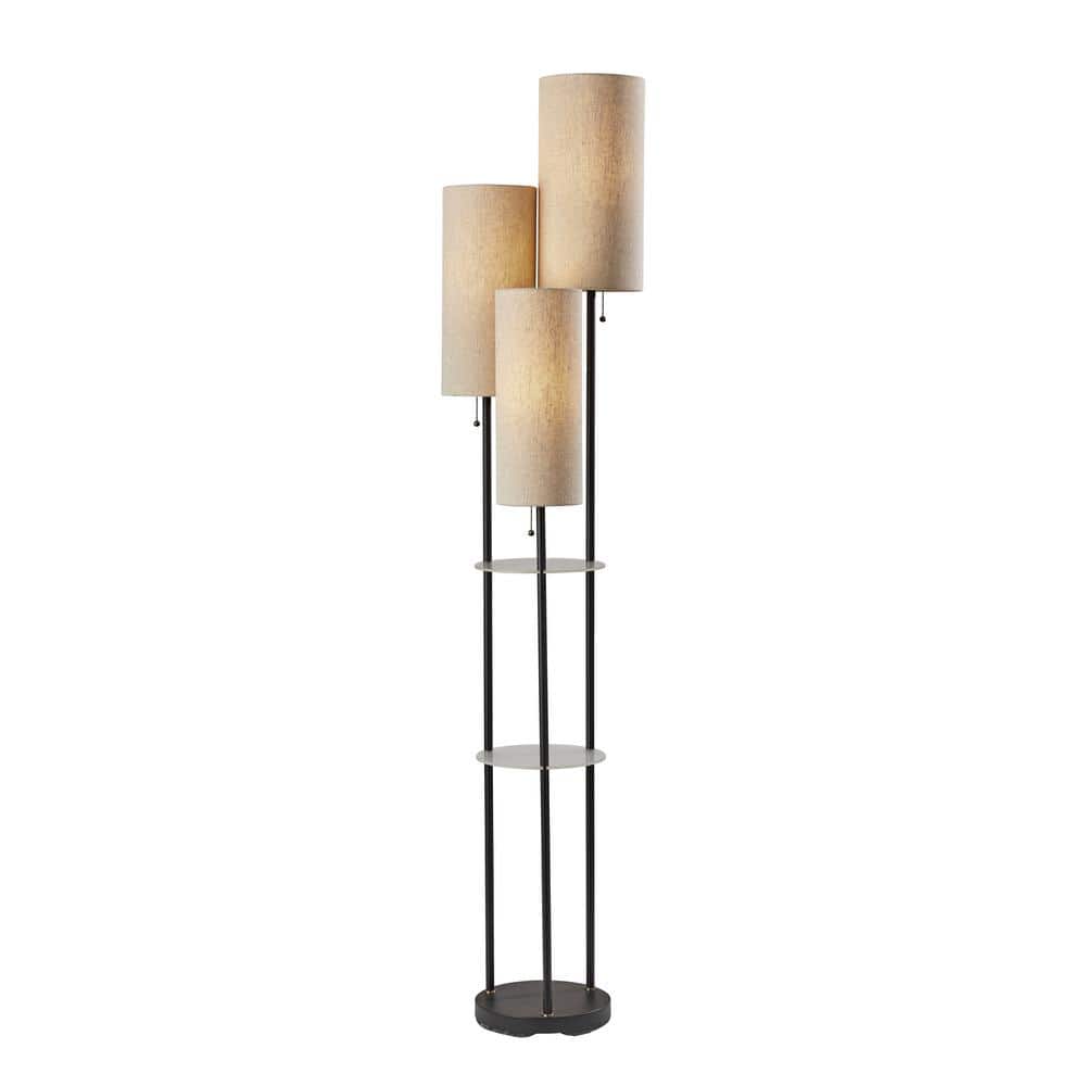 Trio 68 in. Black with Antique Brass Accents Shelf Floor Lamps