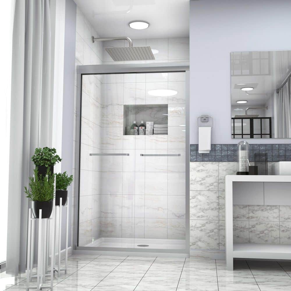 48-48.8 in. W x 76 in. H Double Sliding Framed Shower Door in Brushed Silver with Clear Glass price history on PriceWatchPro