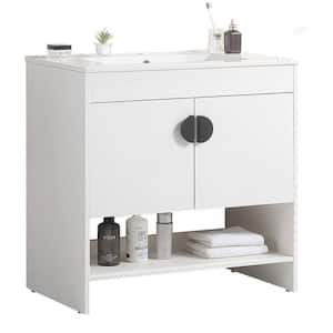 Yunus 30 in. W x 18 in. D x 32 in. H Single Sink Freestanding Bath Vanity in White with White Ceramic Top