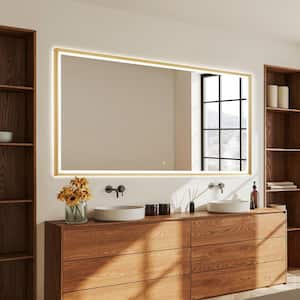 Apollo 84 in. W x 42 in. H Rectangular Framed LED Wall Bathroom Vanity Mirror in Brushed Gold