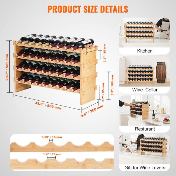 36-Bottle Stackable Modular Wine Rack, 4-Tier Solid Bamboo Wood Storage Racks, Freestanding Wines Holder, Wobble-Free