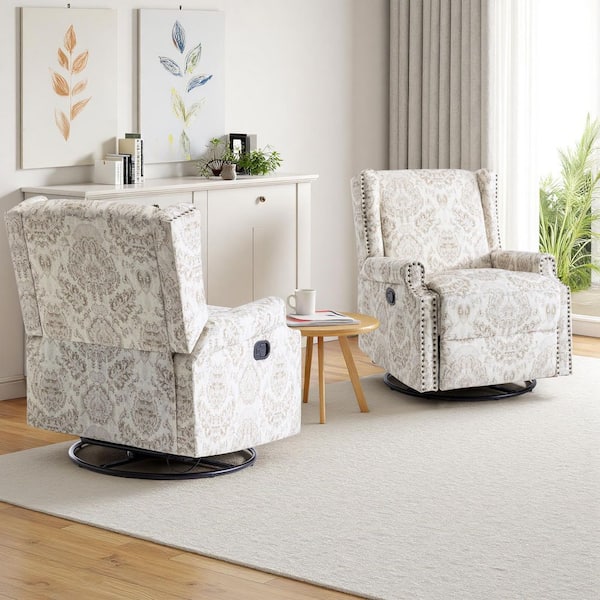 Beige Pattern Linen Swivel Upholstered Metal Base Manual Recliner with Adjustable Footrest (Set of 2)
