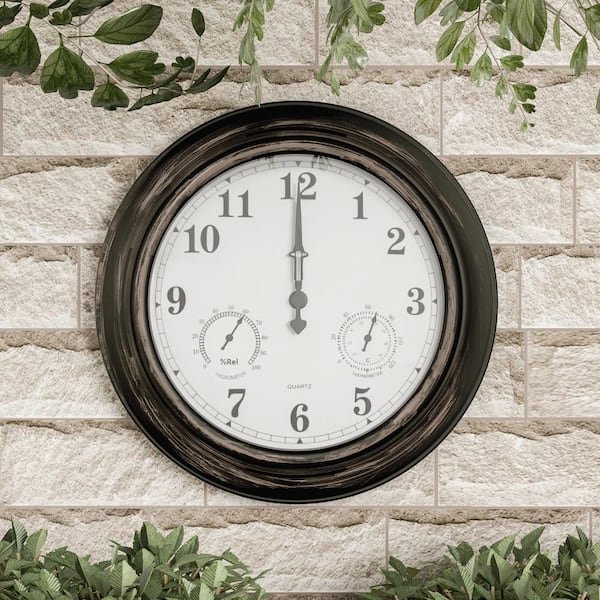 Pure Garden Wall Clock Thermometer-Indoor Outdoor Gauge, Bronze