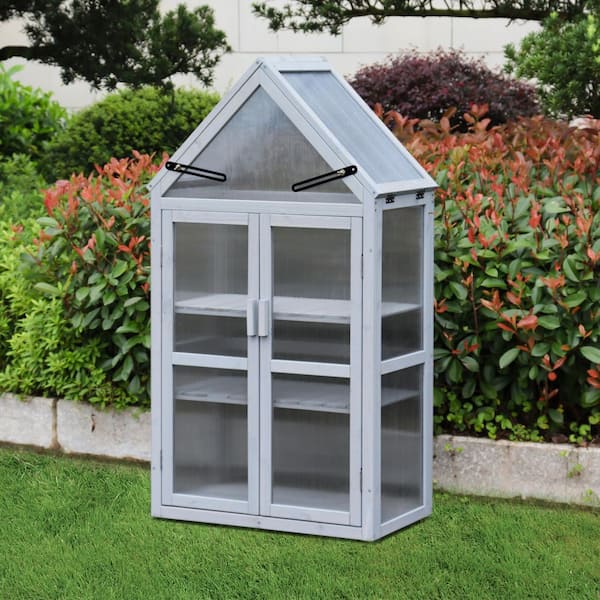 27.55 in. W x 16.14 in. D x 52.36 in. H Wood Gray Greenhouse with Wall Brackets, Adjustable Roof Panels and Shelves