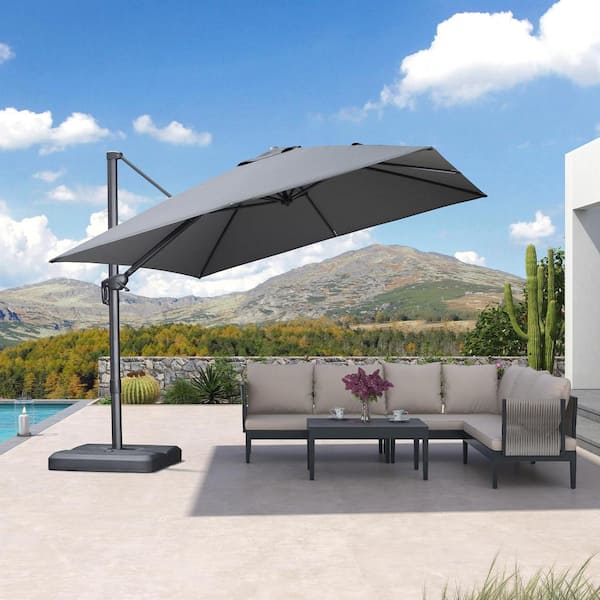PURPLE LEAF 10 ft. Square Outdoor Patio Cantilever Umbrella Aluminum Offset 360° Rotation Umbrella with Base, Mist Grey