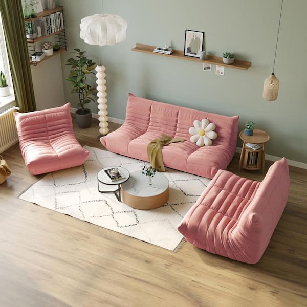 J&E Home 69 in. W Armless Teddy Velvet 3-piece Modular Free Combination Sectional Sofa with Ottoman in. Pink