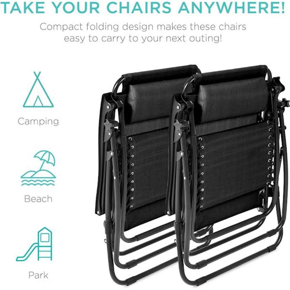 Set of 2 Black Steel Mesh Zero Gravity Recliners with Cup Holder