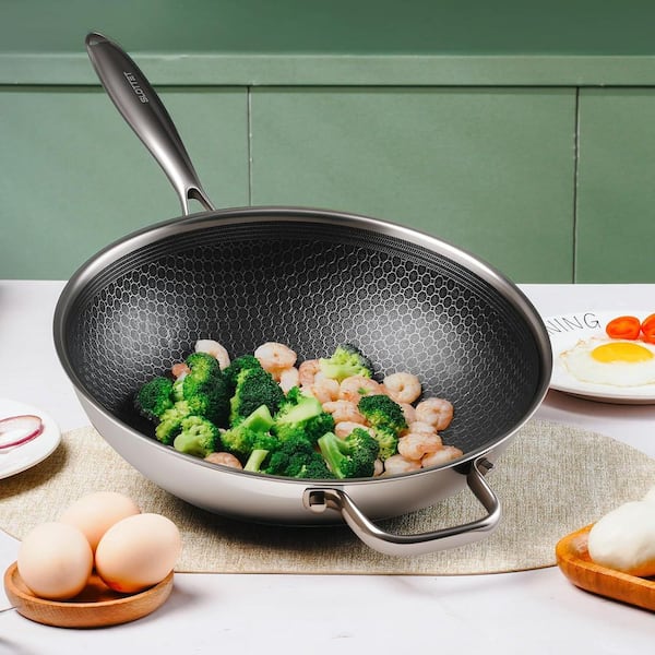 12 in. Hybrid Wok Stainless Steel Nonstick with Steamer Lid Stay-Cool Handle Dishwasher Oven Safe Induction Compatible