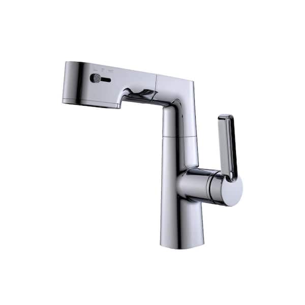 Mondawe Single Handle Single Hole Bathroom Faucet with LED Temperature Display & Pull-out Sprayer in Chrome