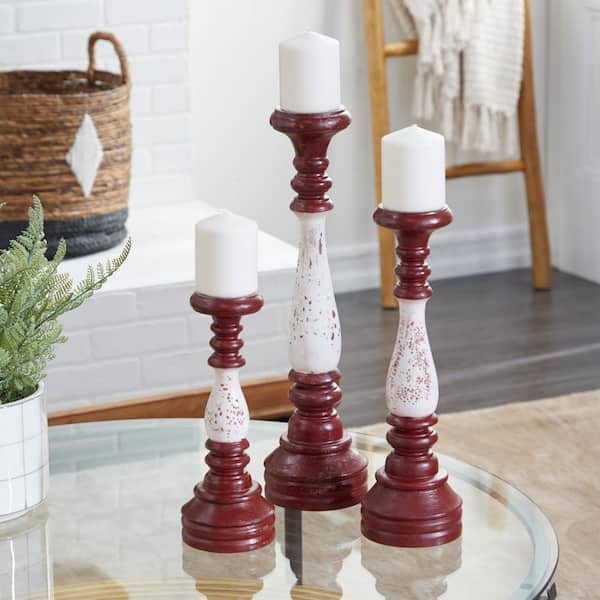 Litton Lane Red Mahogany Candle Holder (Set of 3)