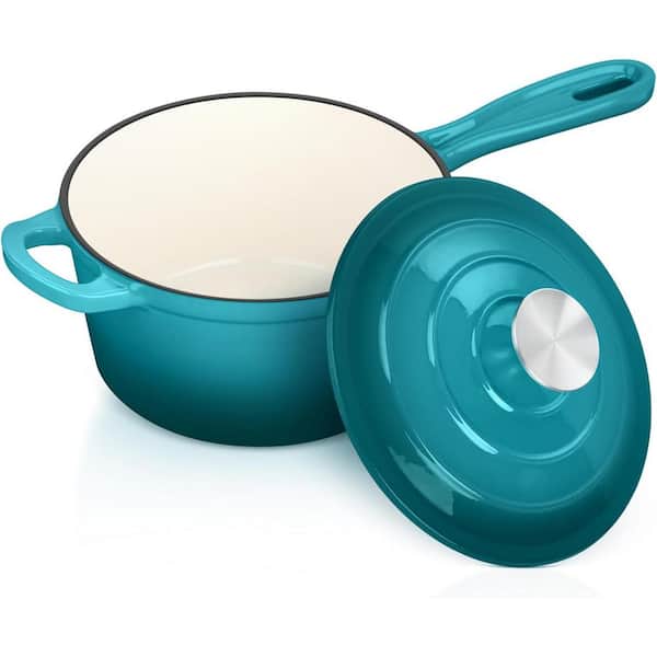 2 qt. Enameled Cast Iron Nonstick Sauce Pan in Lake Green with Lid for All Cooktops Oven Safe up to 500°F