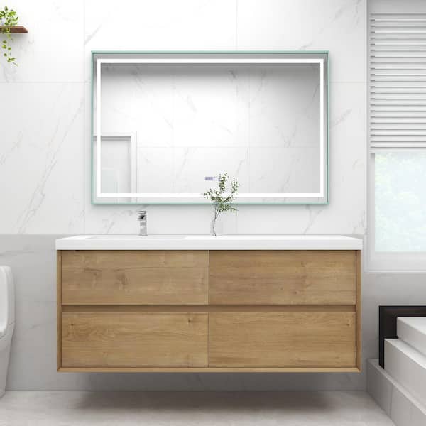 Kingdee 59 in. W x 20 in. D x 26 in. H Single Sink Floating Bath Vanity in Teak Oak with White Acrylic Top
