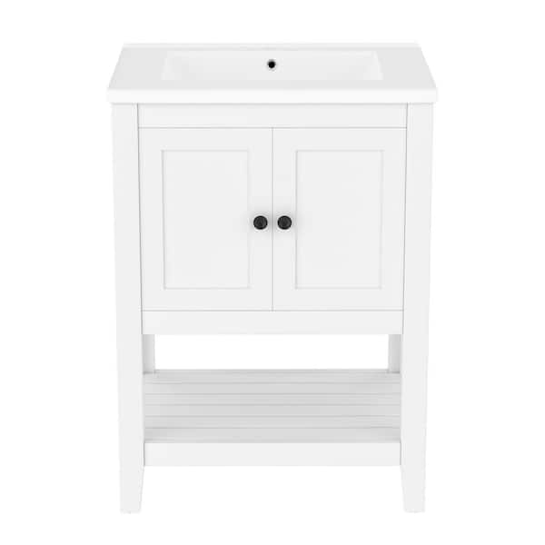 24 in. Single Sink Freestanding White Bath Vanity with White Ceramic Top, Solid Wood Frame, and Open Shelf, Assembled