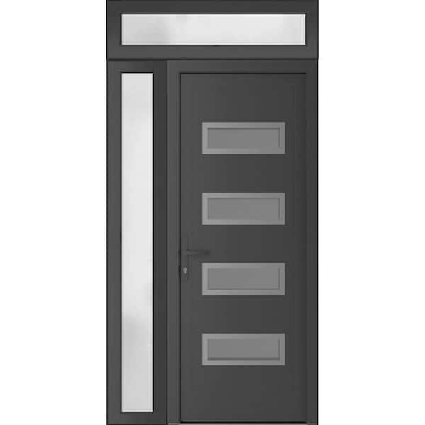46 in. x 94 in. Right-hand/Inswing Frosted Glass Antracite Grey Steel Prehung Front Door with Hardware