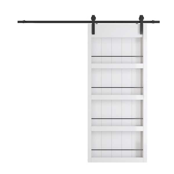 TENONER 36 in. x 84 in. 4-Levels shelves Style, Primed MDF White Finished, Sliding Barn Door with Hardware Kit