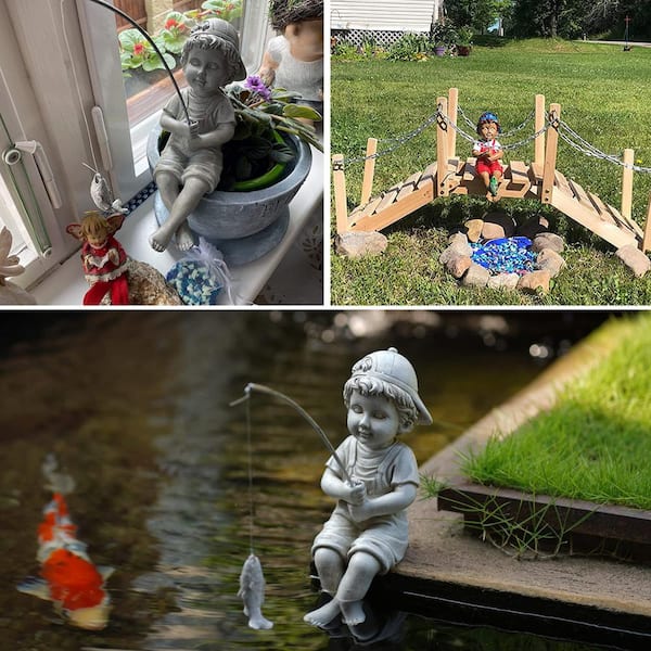 Goodeco 11 in. Fishing Boy Statue Great for Outdoor Garden Decor