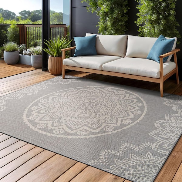 Grey 5 ft. x 7 ft. Waikiki Insignia Modern Indoor Outdoor Area Rug