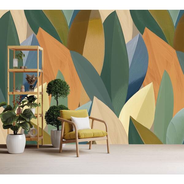 Catalina Green & Golden Nugget Overlapping Watercolor Leaves Print Non Woven Non-Pasted Textured Mural 63 Sq. Ft.