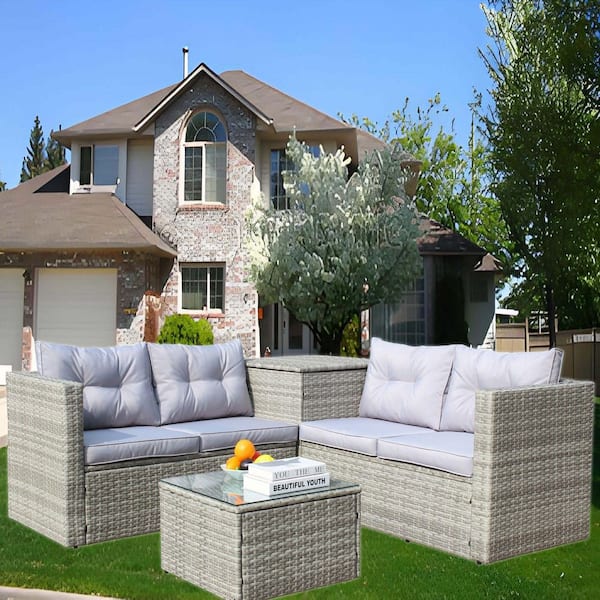 4-Piece Terrace Combination Wicker Rattan Outdoor Furniture Sofa Set with Storage Box Grey, Cushion Patio Fire Pit