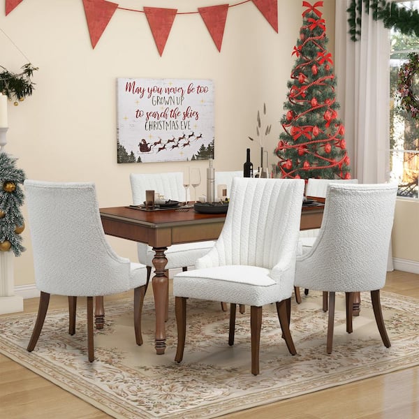 WONDER COMFORT Vintage White Teddy Fabric Channel Tufted Upholstered Dining Chairs Set of 4 with Solid Wood Legs