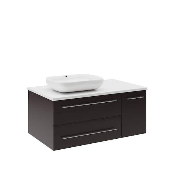 Fresca Lucera 36 in. Single Sink Wall Mount Espresso Bath Vanity with White Quartz Top and Vessel Sink - Left Version