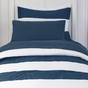 2-Piece Midnight Blue and White Rugby Stripe Cotton Twin Comforter Set