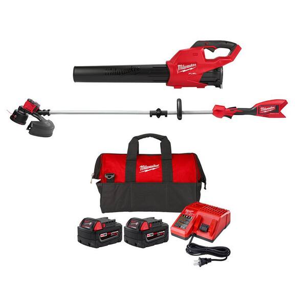 Milwaukee M18 Fuel 18V Brushless Cordless Handheld Blower w/Two 5.0Ah Batteries Charger Contractor Bag \u0026 Brushless String Trimmer