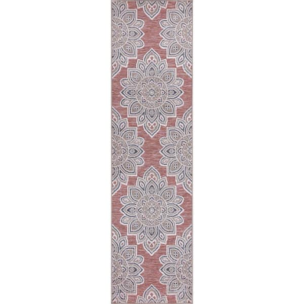 StyleWell Rust 2 ft. x 7 ft. Floral Indoor/Outdoor Patio Runner Rug