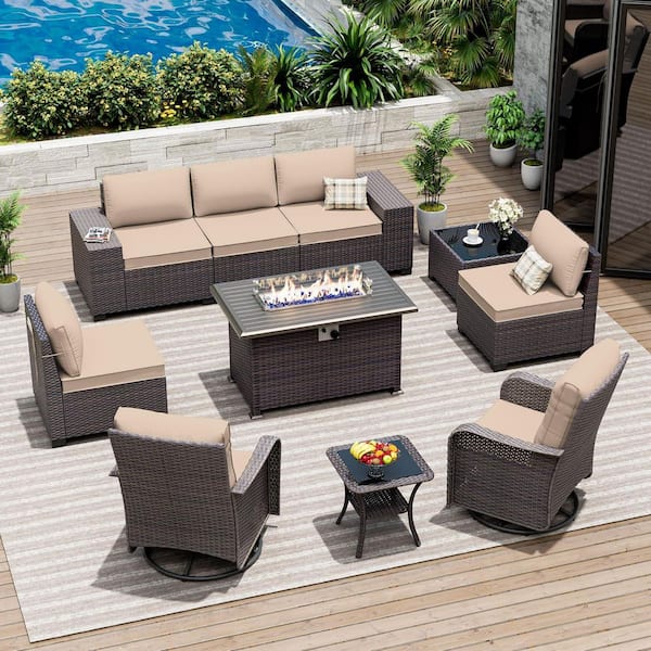10-Piece Wicker Outdoor Patio Conversation Set with Propane Fire Pit Table, Swivel Rocking Chairs and Cushion Khaki