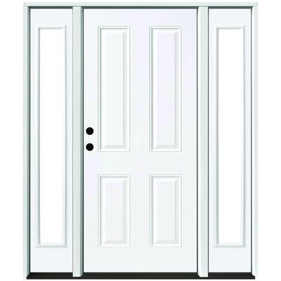 64 in. x 80 in. 4-Panel Primed White Right-Hand Steel Prehung Front Door with 12 in. Clear Glass Sidelites 6 in. Wall