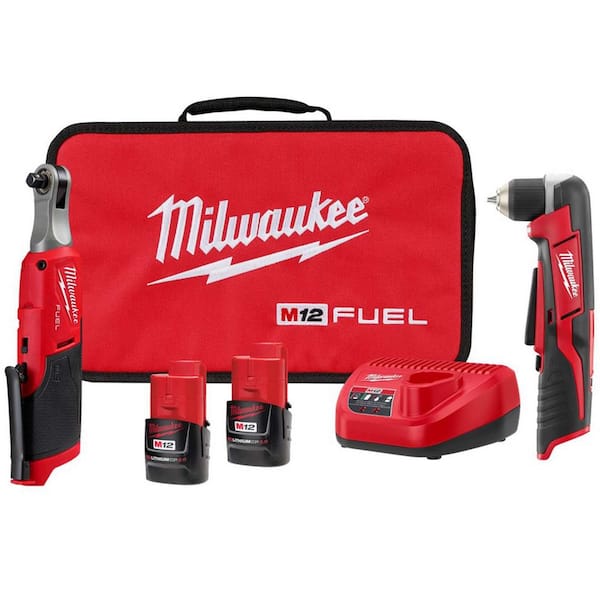 M12 FUEL 12V Lithium-Ion Brushless High Speed 3/8 in. Cordless Ratchet Kit w/(2) Batteries, Charger, Bag & RA Drill