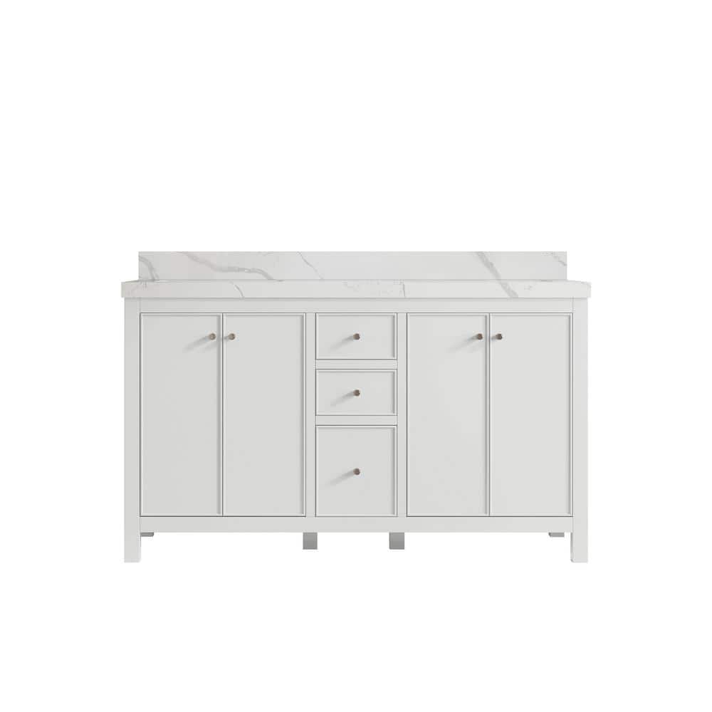 Chicago 60 in. Double Sink Freestanding White Bath Vanity with Calacatta Laza Qt. Top Unassembled price history on PriceWatchPro