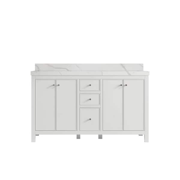 Willow Collections Chicago 60 in. Double Sink Freestanding White Bath Vanity with Calacatta Laza Qt. Top Unassembled