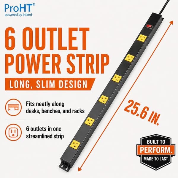 25.6 in. Mountable Heavy-Duty Metal 6-Outlet Wide Spaced Power Strip with Lighted Switch, 3 ft. Cord, 15 Amp