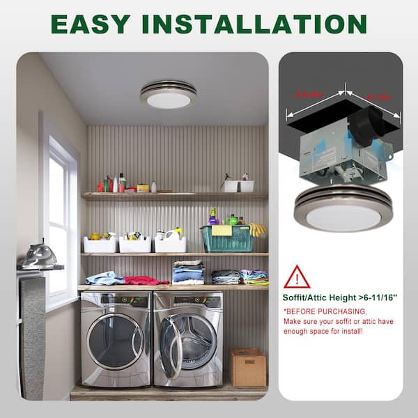 Akicon - Bathroom Exhaust Fan Light, 80 CFM 2-Sones, 15-Watt Dimmable 3000K/4000K/5500K 3CCT LED Light (Brushed Nickel)
