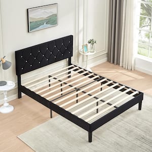 Upholstered Bed, Platform Bed with Adjustable Headboard, Wood Slat Support, No Box Spring Needed, Black Queen Bed Frame