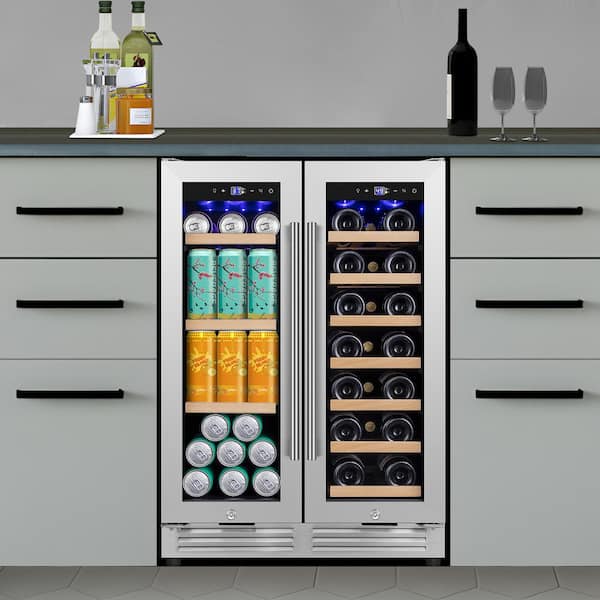 24 in. Dual Zone 20-Wine Bottles and 60-Cans Beverage & Wine Cooler in Silver Two Shapes of Door Handle Blue LED Lights