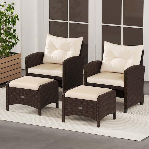 Wicker Outdoor Ottoman with Footstools and Removable Beige Cushions (2-Pack)